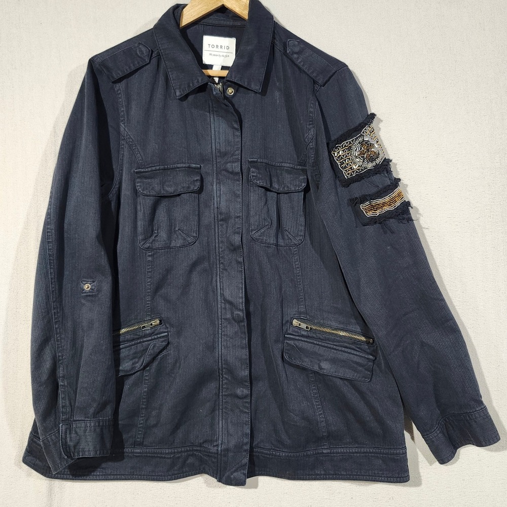 Torrid Military Field Jacket Herringbone Beaded Patch Dark Gray Womens 00 M/L